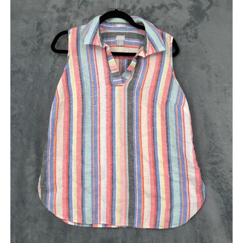 Chicos Top Womens Size 1P M Petite Striped Linen Popover Coastal Preppy Relaxed